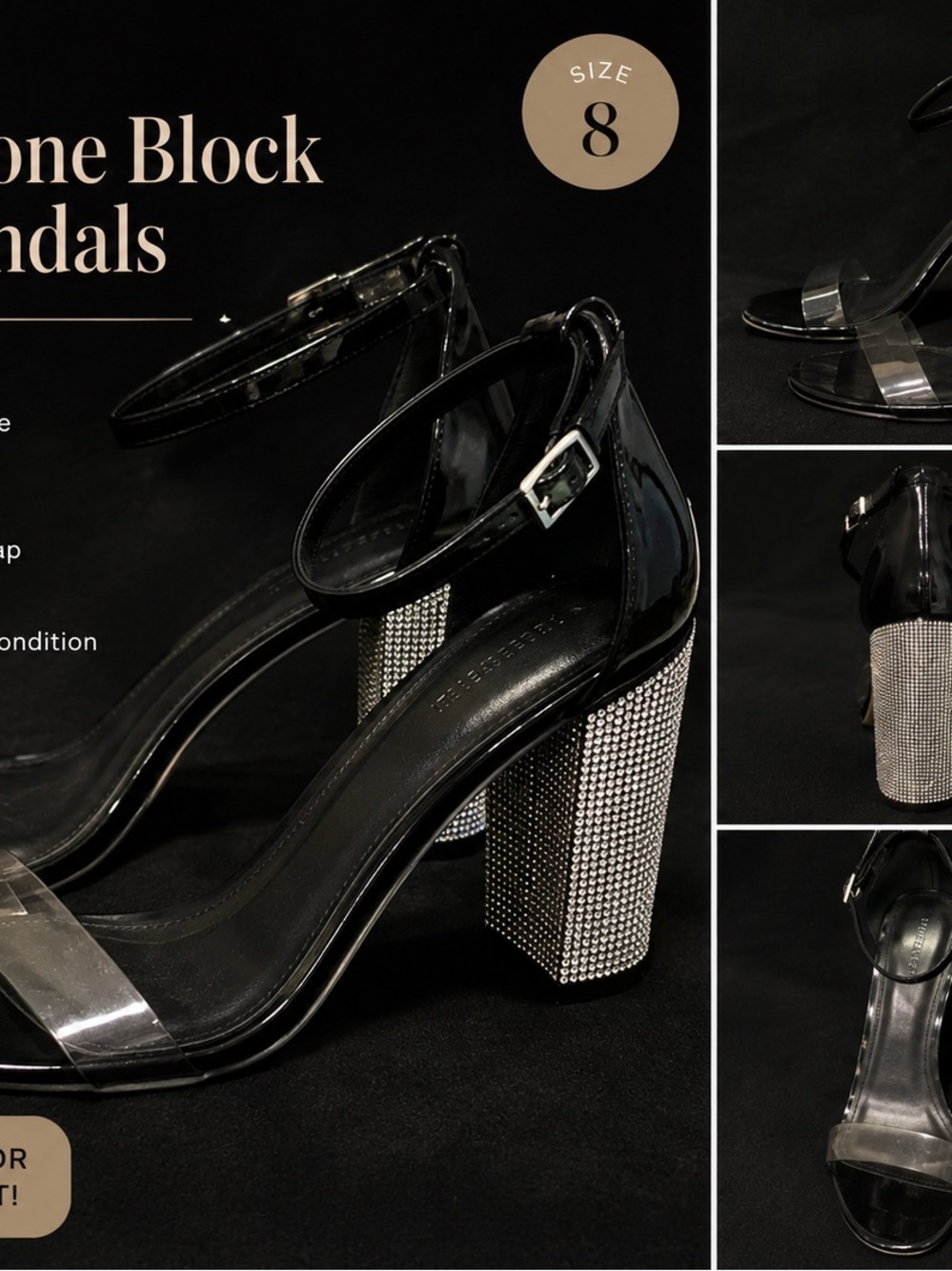 Forever 21 Black Ankle-Strap Block Heels with Rhinestone Block
